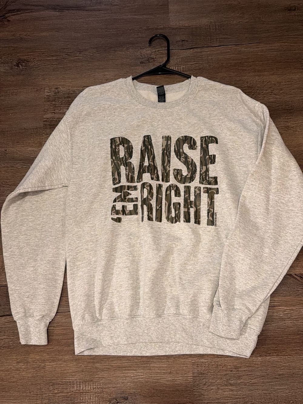 Gray Crewneck Sweatshirt with Camo 'Raise the Right' Graphic